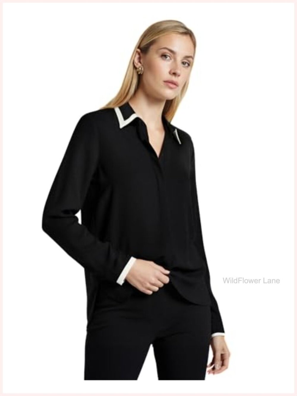 Anne Klein Long Sleeve Button Down Blouse Contrast Tipping Regular Fit